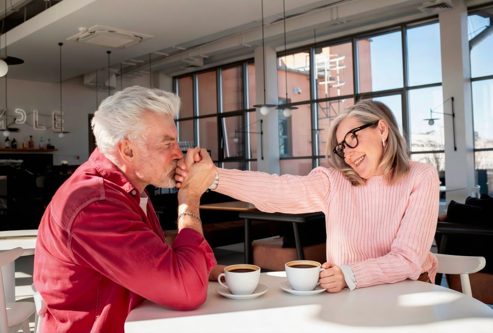 Mature couple enjoying a conversation at a café — Sequel dating app for modern elders