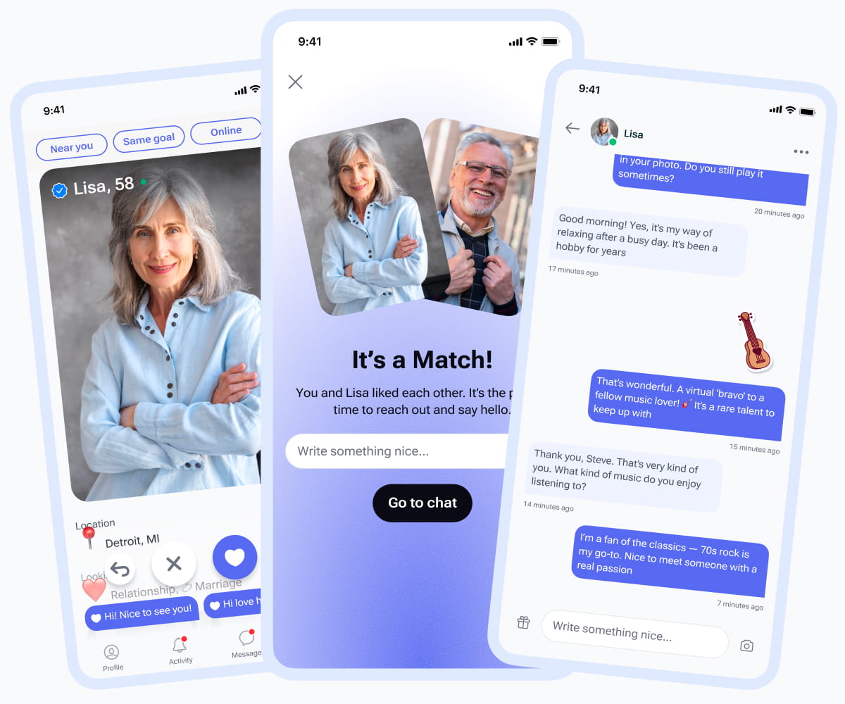 Sequel app screens showing profile, match, and chat
